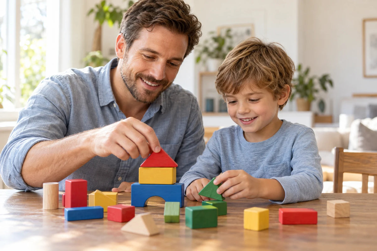 Illustrative father and child exploring colorful wooden shapes together