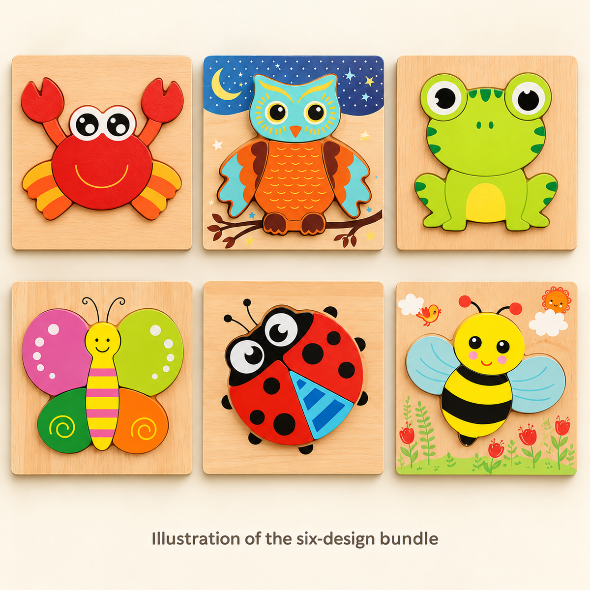 AI-generated illustration of six wooden puzzle designs: crab, owl, frog, butterfly, ladybug and bee; not a supplier bundle photograph