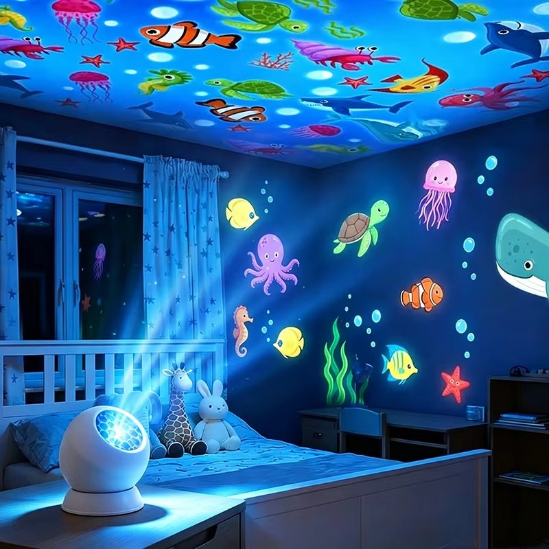 Supplier illustration of a white projector with colorful ocean creatures across a bedroom; projection coverage is illustrative