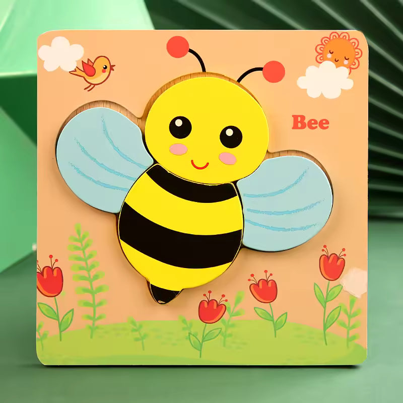 Bee wooden puzzle on its square board; supplier photograph of one design in the six-design bundle