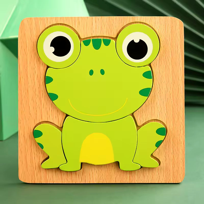 Frog wooden puzzle on its square board; supplier photograph of one design in the six-design bundle