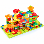Build & Roll Marble Run with colorful interlocking blocks, winding tracks, orange funnels, and a green base.