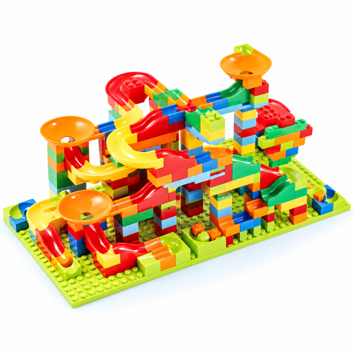 Build & Roll Marble Run with colorful interlocking blocks, winding tracks, orange funnels, and a green base.
