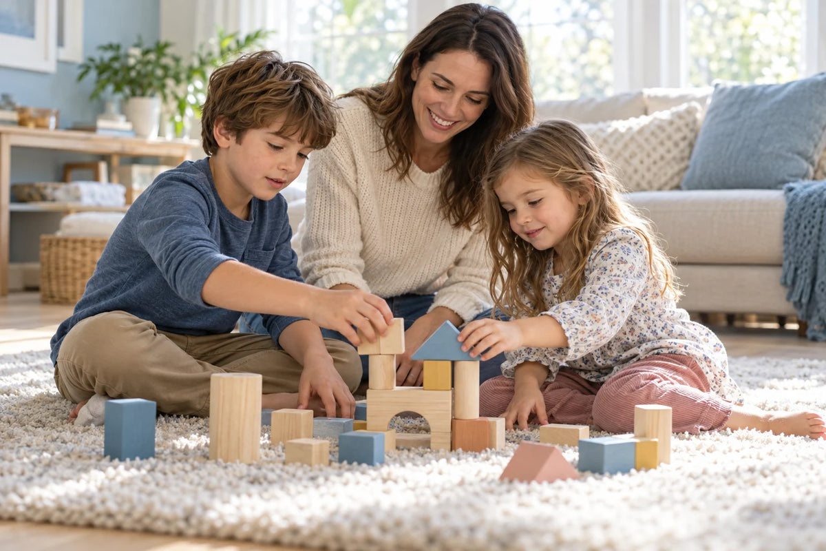 Illustrative mother and two children sharing wooden-shape play at home