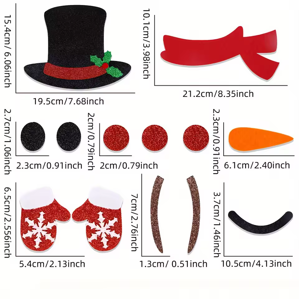 Supplier size diagram for Color A felt snowman pieces; hat approximately 19.5 × 15.4 cm and scarf 21.2 × 10.1 cm.