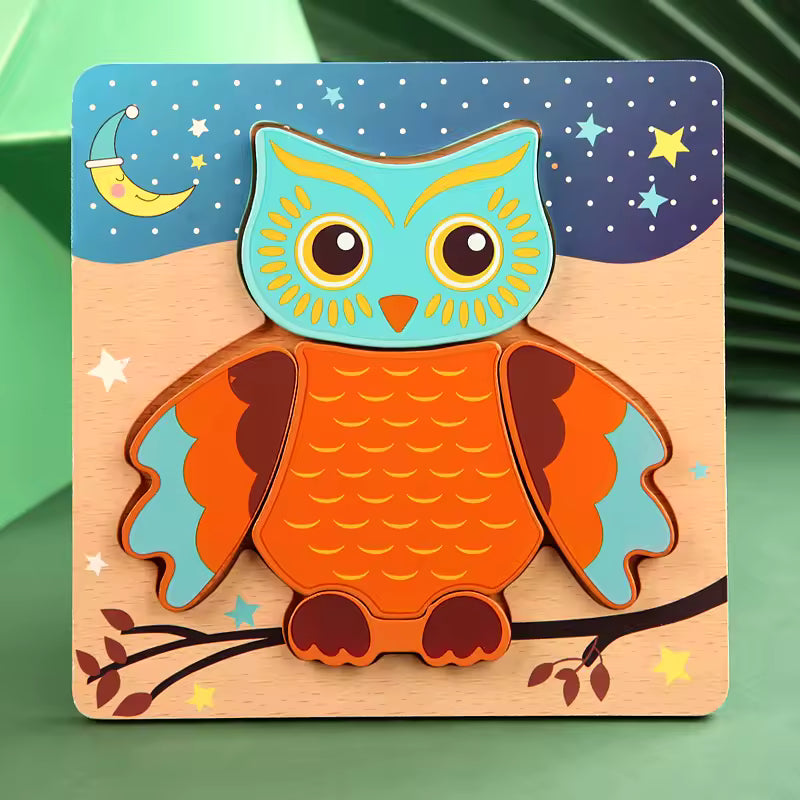 Owl wooden puzzle on its square board; supplier photograph of one design in the six-design bundle
