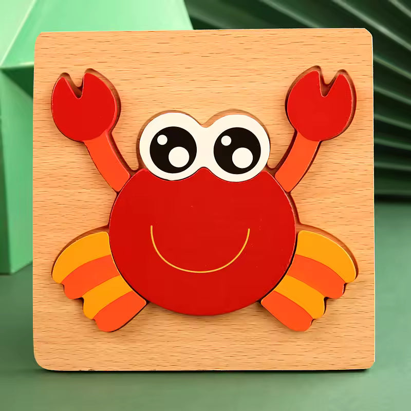 Single red crab wooden puzzle on its square wooden board; supplier photograph