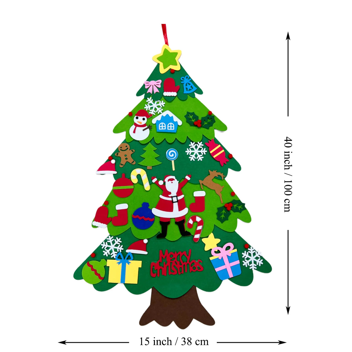Supplier diagram showing the flat felt tree approximately 100 cm tall and 38 cm wide