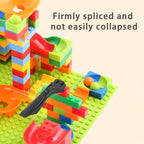 Supplier close-up of colorful micro-block track connections, slides and small rolling balls