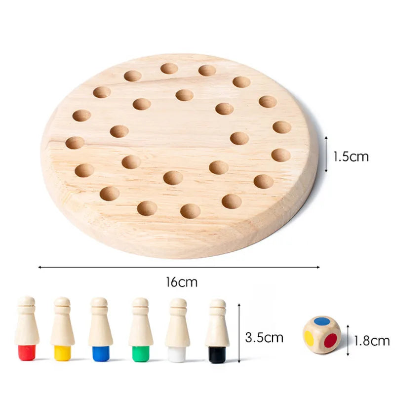 Wooden memory game board with pegs and color die shown separately; supplier photograph