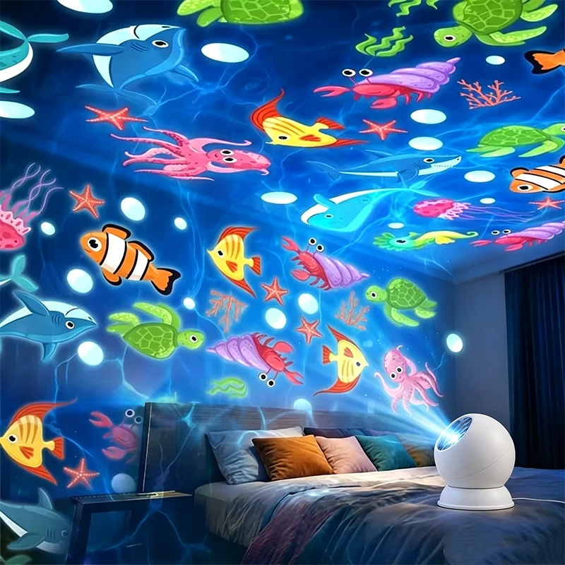 Supplier illustration of ocean creatures projected around a bedroom with a white projector; room coverage is illustrative